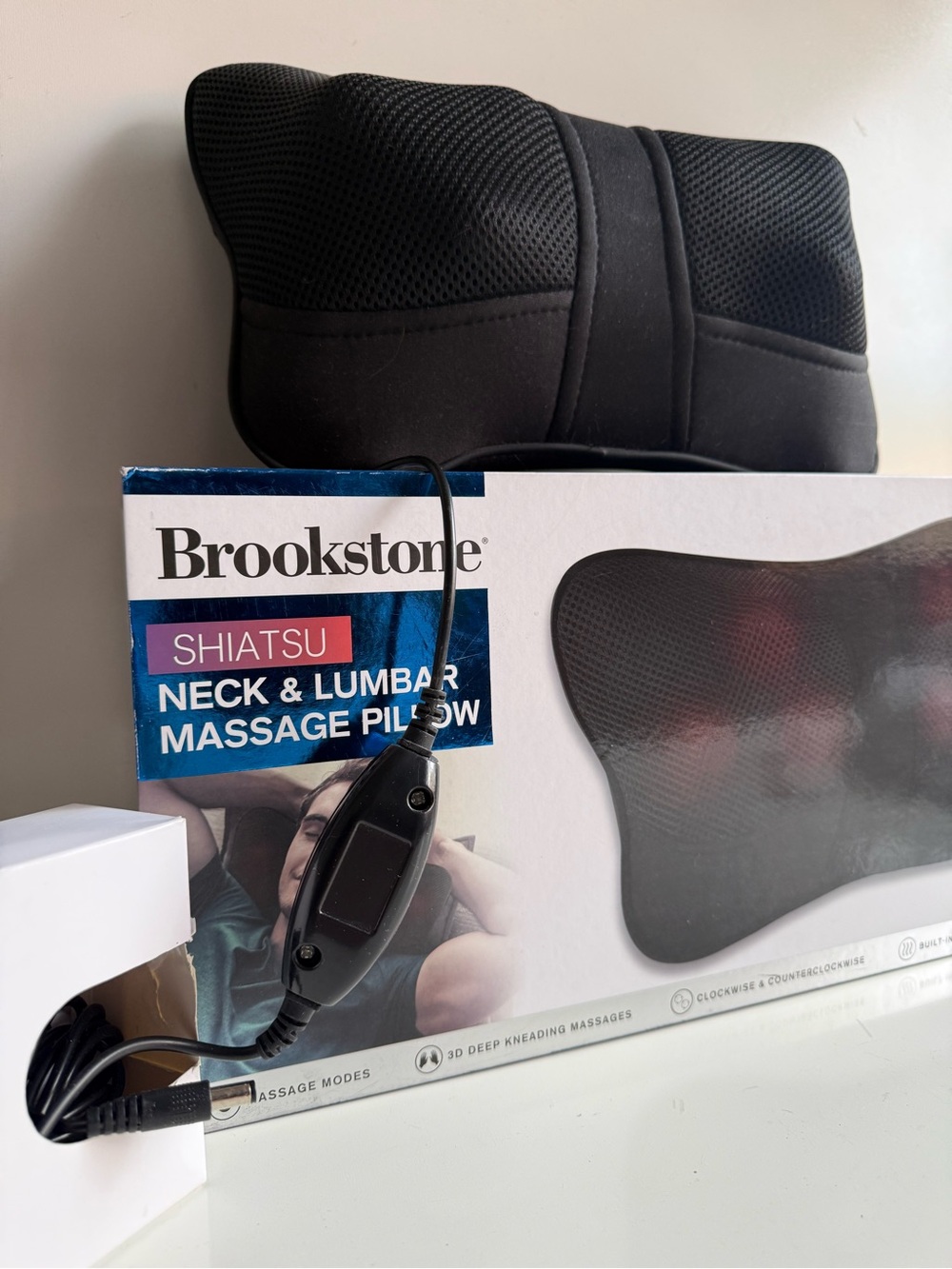 Brookstone Black Shiatsu Neck & Lumbar Massage Pillow with Wired Control